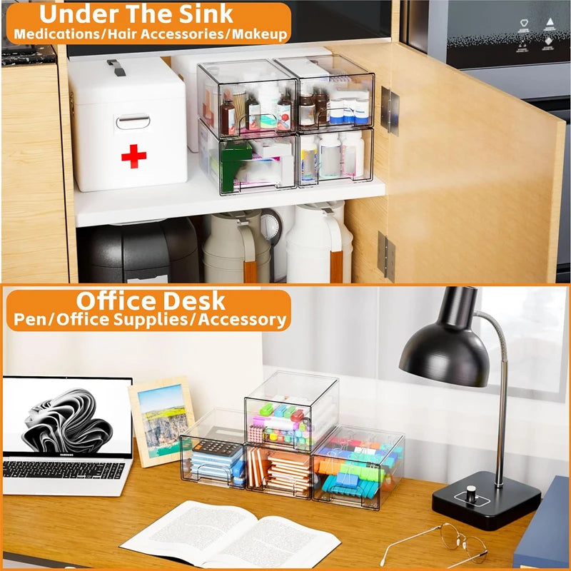 2-Piece/4-Piece/6-Piece/8-Piece Set of Transparent Stackable Storage Drawers, Multifunctional Cosmetic Desktop Pull-Out Storage Boxes Suitable for Cosmetics, Dressing Tables, Bathrooms, Sinks, Kitchen Cabinets, and Home Organ