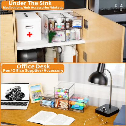 2-Piece/4-Piece/6-Piece/8-Piece Set of Transparent Stackable Storage Drawers, Multifunctional Cosmetic Desktop Pull-Out Storage Boxes Suitable for Cosmetics, Dressing Tables, Bathrooms, Sinks, Kitchen Cabinets, and Home Organ