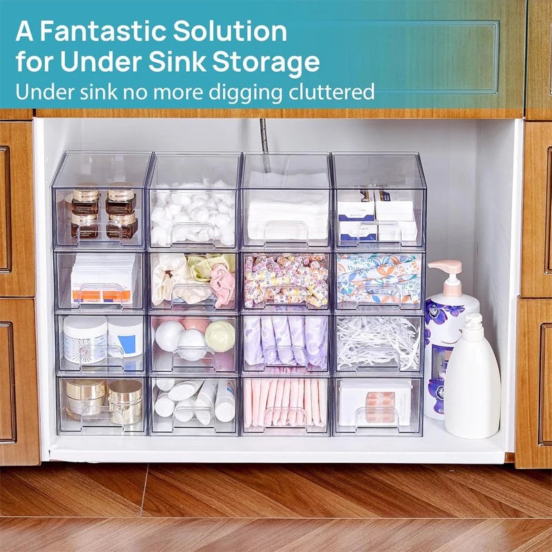 2-Piece/4-Piece/6-Piece/8-Piece Set of Transparent Stackable Storage Drawers, Multifunctional Cosmetic Desktop Pull-Out Storage Boxes Suitable for Cosmetics, Dressing Tables, Bathrooms, Sinks, Kitchen Cabinets, and Home Organ