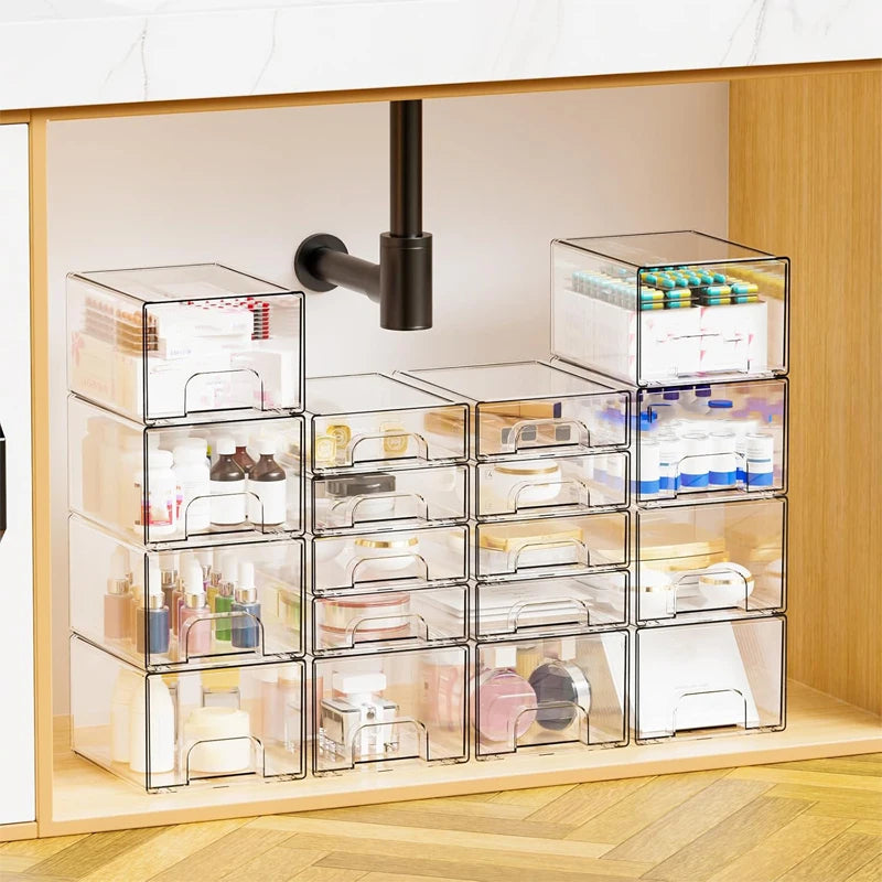 2-Piece/4-Piece/6-Piece/8-Piece Set of Transparent Stackable Storage Drawers, Multifunctional Cosmetic Desktop Pull-Out Storage Boxes Suitable for Cosmetics, Dressing Tables, Bathrooms, Sinks, Kitchen Cabinets, and Home Organ