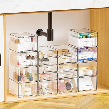 2-Piece/4-Piece/6-Piece/8-Piece Set of Transparent Stackable Storage Drawers, Multifunctional Cosmetic Desktop Pull-Out Storage Boxes Suitable for Cosmetics, Dressing Tables, Bathrooms, Sinks, Kitchen Cabinets, and Home Organ